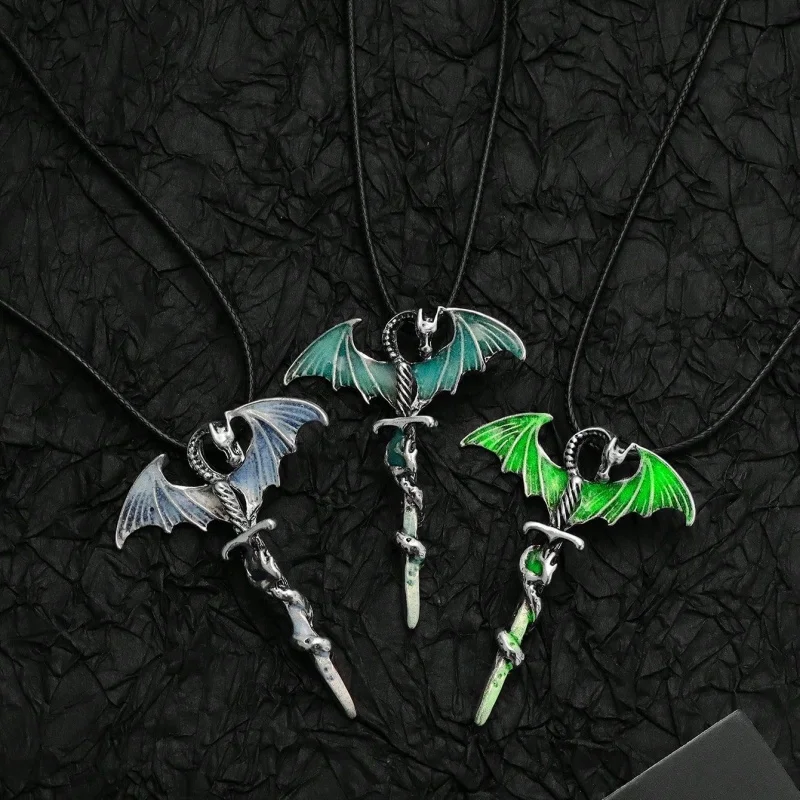 3-piece Gothic dragon sword necklace set, imitation enamel pterosaur luminous pendant, black wax rope chain, punk jewelry