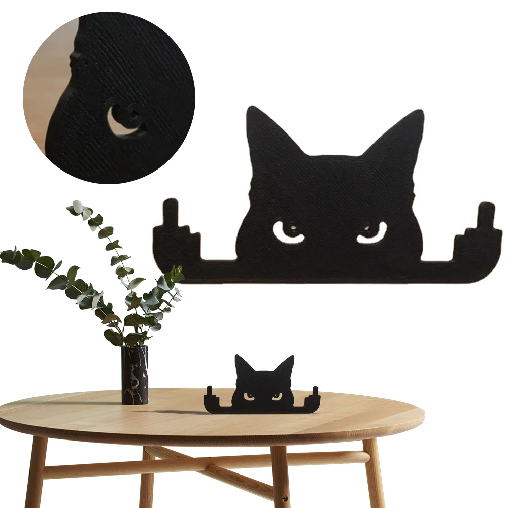 Wooden Middle Finger Cat Decor Black Peeping Cat Funny Desktop Bookshelf Ornament Cat Silhouette Decor for Yards Patio Garden