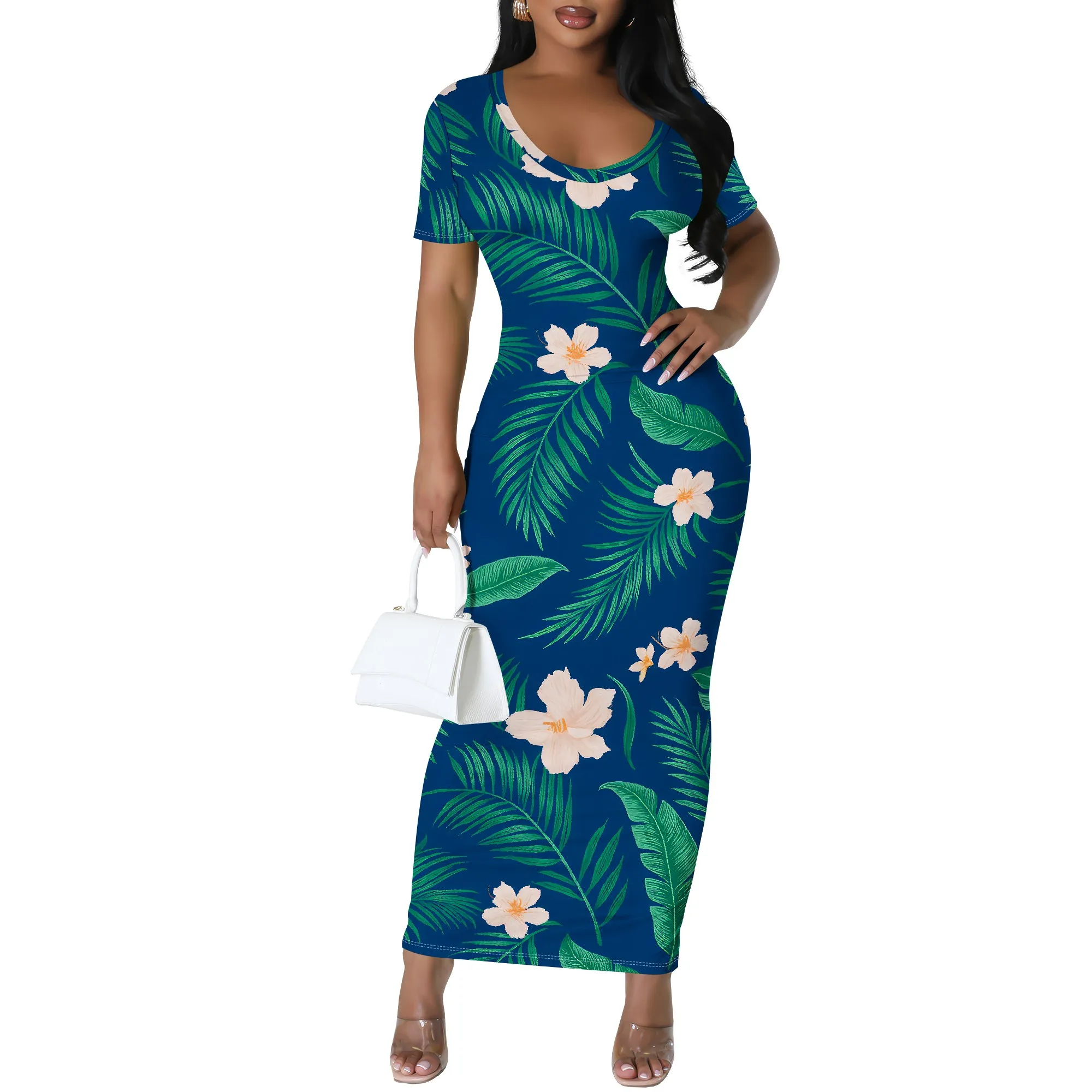 

Polynesian Dress for Women Plus Size 2 Pcs Set Puletasi Samoan Tribal Crewneck Short Sleeve Loose Maxi Dress