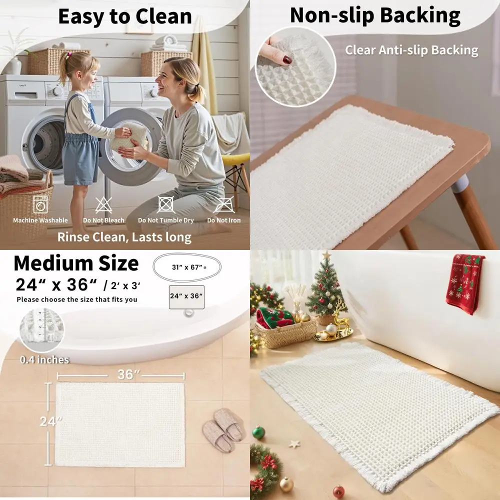 

Non-Slip Waffle Bath Mat, White, Super Absorbent & Quick Dry, 24x36 inches, Boho Farmhouse Style