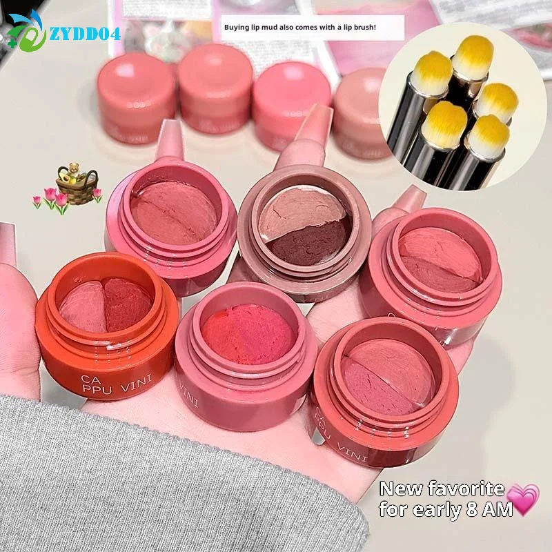 1 szt. Cappuvini Kremowy Błotny Błyszczyk w Puszce Długotrwały Wodoodporny Szminka i Kremowy Róż do Policzków z Pędzelkiem do Ust - Rozjaśniający Zestaw do Makijażu