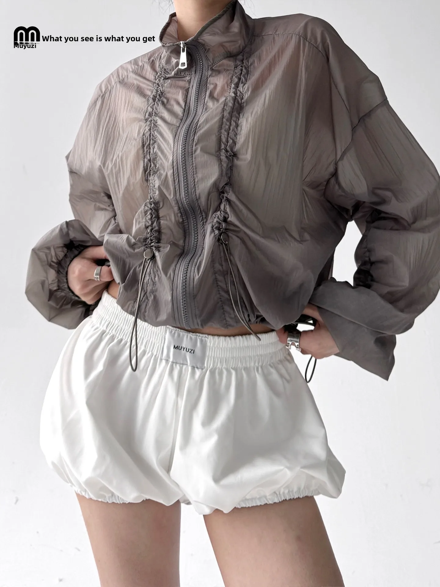 Chaqueta Corta de Verano para Mujer, con Cuello Alto, Cierre de Cremallera y Cordón Ajustable, Protección Solar, Estilo Moderno