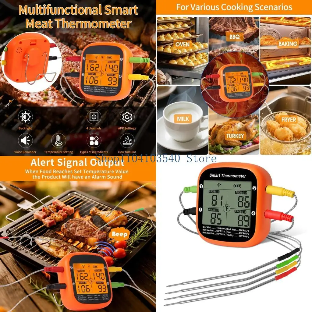 

02DC Программируемые беспроводные термометры для мяса с 4 зондами и управлением через приложение для барбекю в помещении и на в