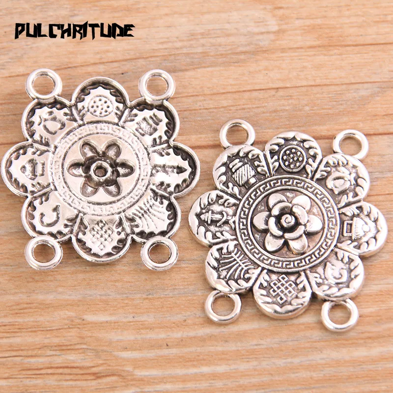 PULCHRITUDE 4pcs 35*38mm Retro Two Color Zinc Alloy Shaped Flower Pendants Connectors Linker For DIY Charm Jewelry Accessorie