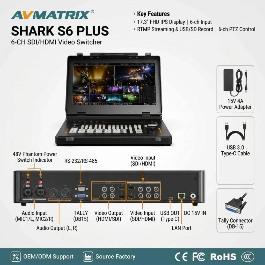 AVMATRIX AVMATRIX SHARK S6 PLUS: 6-Channel 3G-SDI/4K HDMI Video Switcher with Monitor, RTMP Streaming, SD/USB Recording 6-CH PTZ Control - Aliexpress Deal