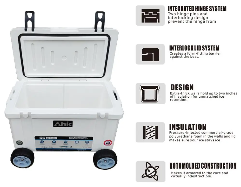 Hot Sales Plastic Cooler Box Table With Wheels 100L 75L 65L 50L Fishing Cooler Box