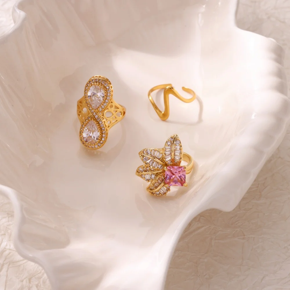 Luxus Kristall Zirkon Blume Ringe für Frauen Gold Farbe Edelstahl Offenen Finger Ring 2025, Trend Hochzeit Ästhetischen Schmuck