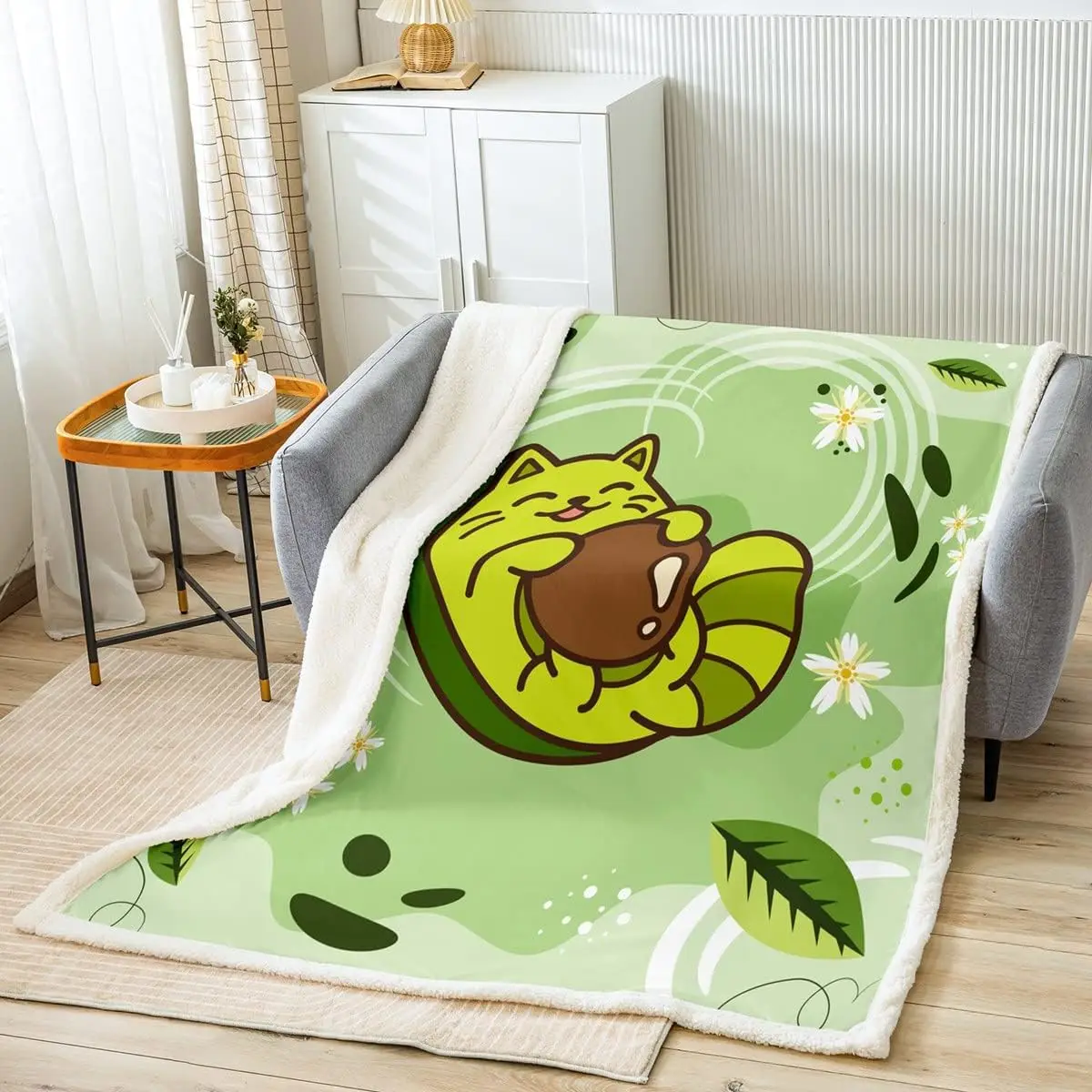 Cartoon Cat Throw Blanket Cute Green Avocado Bed Blanket for Kids Boy Girls Room Decor, Flower Leaves Print Blanket for