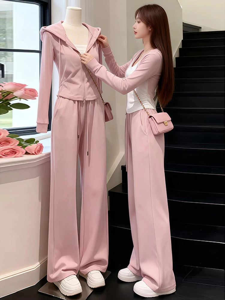 

Spring 2026 Women's High Waist Wide Leg Pants Hoodie Jacket Pink Two Piece Set Casual Comfortable Breathable Fashionable