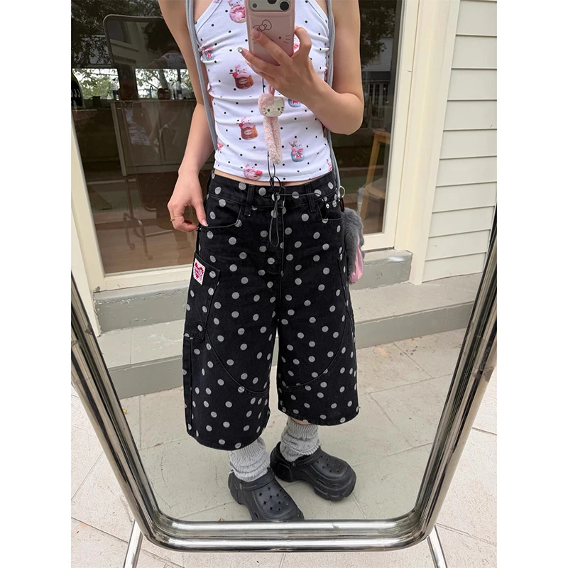 

ZHIZOU Summer Women American Retro Black Jorts Jean Shorts Y2K 2000s Harajuku Calf-Length Denim Pant Japanese High Street Grunge