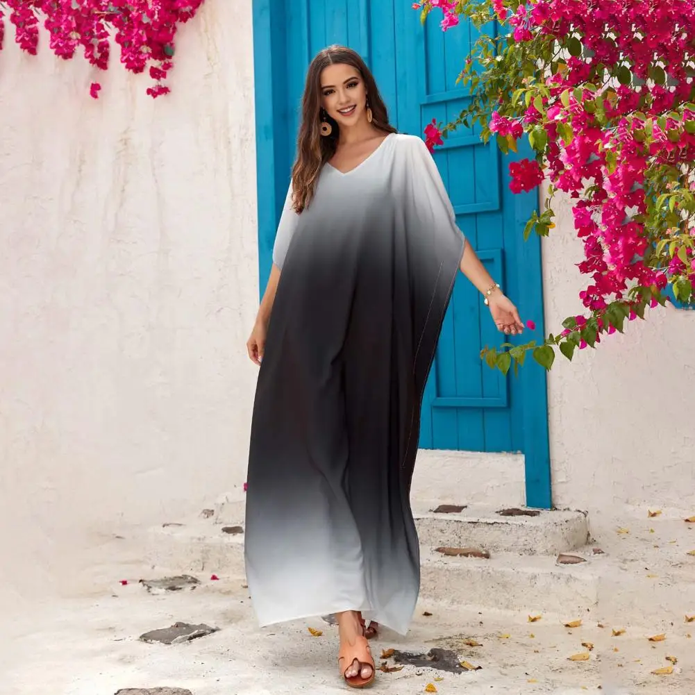 

Dropped Shoulder Sleeves Cover Up Stylish Beach Cover Up Dresses V-neck Short Sleeve Loose Fit with Side Slit Gradient Color