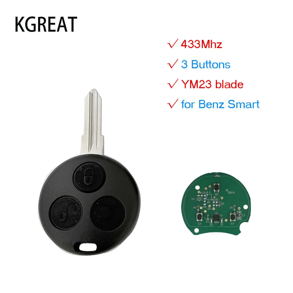 Car Remote Key for Mercedes Benz Smart City for Two Roadster 450 Remote Key Cover 3 Buttons 433MHz Replacement Fob Remote Key
