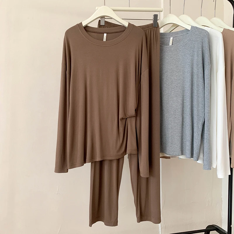 5117 مشروط منامة المرأة الربيع والخريف جديد عادية عادية بلون الجولة الرقبة طويلة الأكمام منقوشة تنفس Homewear مجموعة