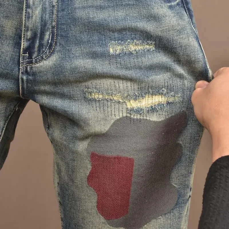 夏レトロヴィンテージ刺繍デニムショートパンツメンズトレンディブランドスリムフィットストレートレッグ弾性ウォッシュカジュアル 5 クォーターパンツ