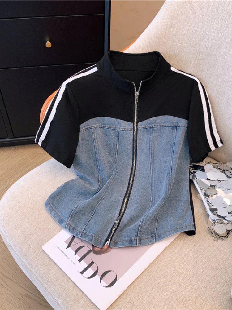 2024 Summer New Stitched Zipper T-shirt Top Female Set Elegant Women\'s Jeans Casual Blouse Two Piece Set Ladies Tracksuits