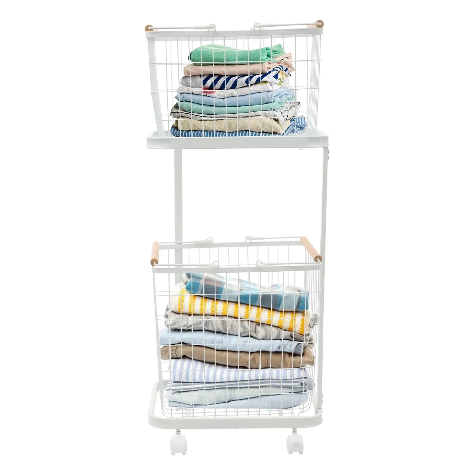 Wäschekorb mit Rädern, 2-stufiger Wäschekorb aus Draht, Rollkorb, Wäschekorb für schmutzige Kleidung, Organizer, Schlafsaal, Aufbewahrung für Schlafzimmer