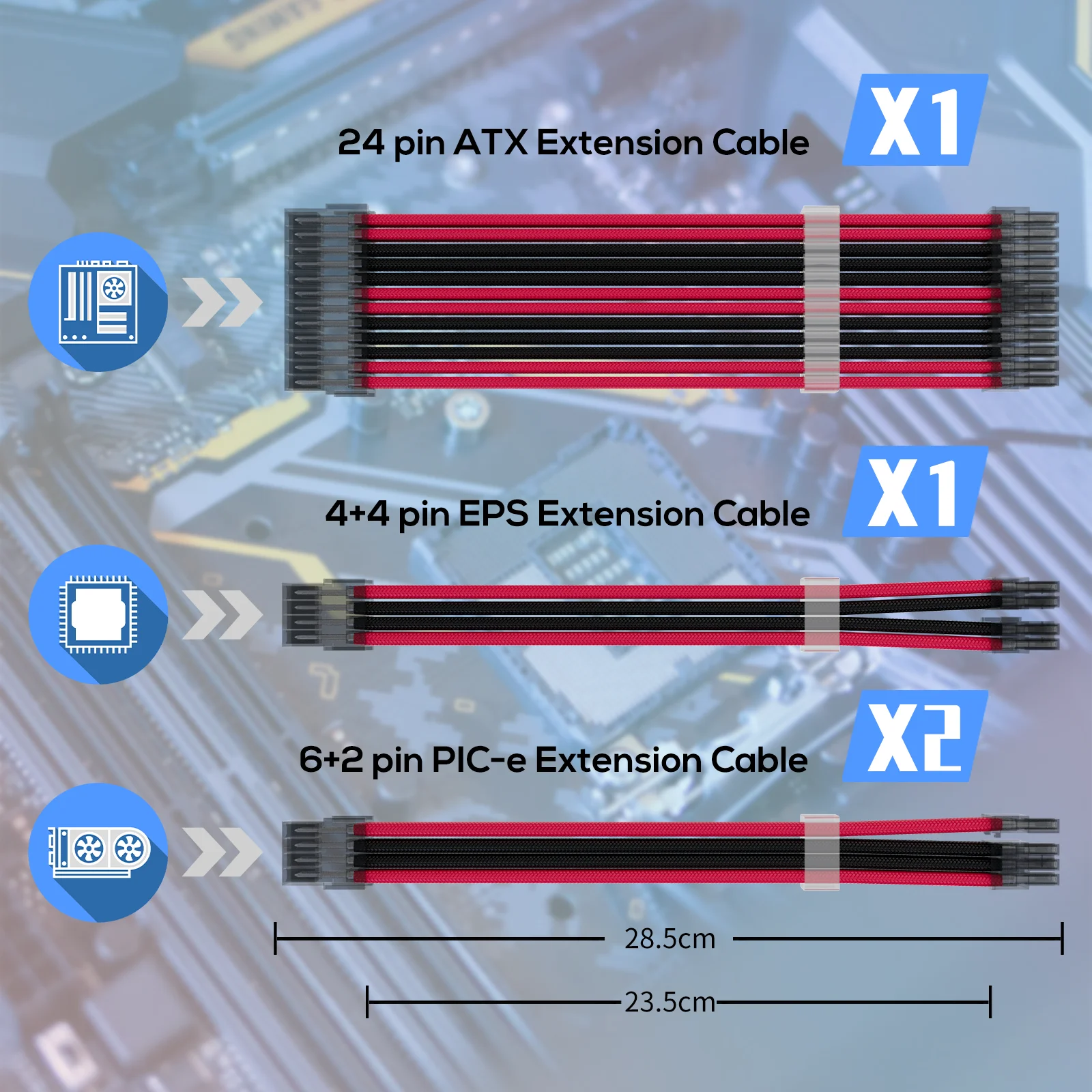 5pcs  Cable 6-Pin to 8-Pin 24-Pin ATX Black and Red Male to Female Extension for Computer and Stripped Female End Type