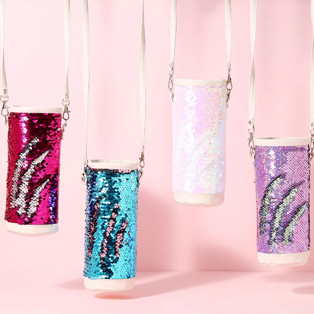 Sequins Pencil Bag Crossbody Strap Pouch for Vacuum Cup Water Bottle Stationery Storage Organizer Student Supplies Blue