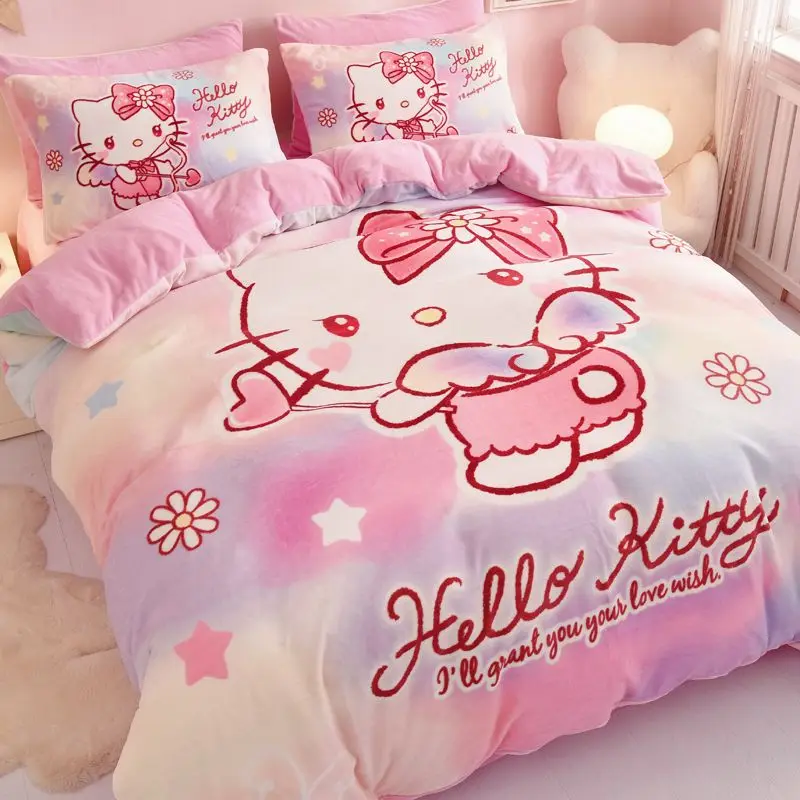 Новый Hello Kitty My Melody Cinnamoroll с мультяшным принтом, осенне-зимний комплект простыни и пододеяльника для спальни в общежитии