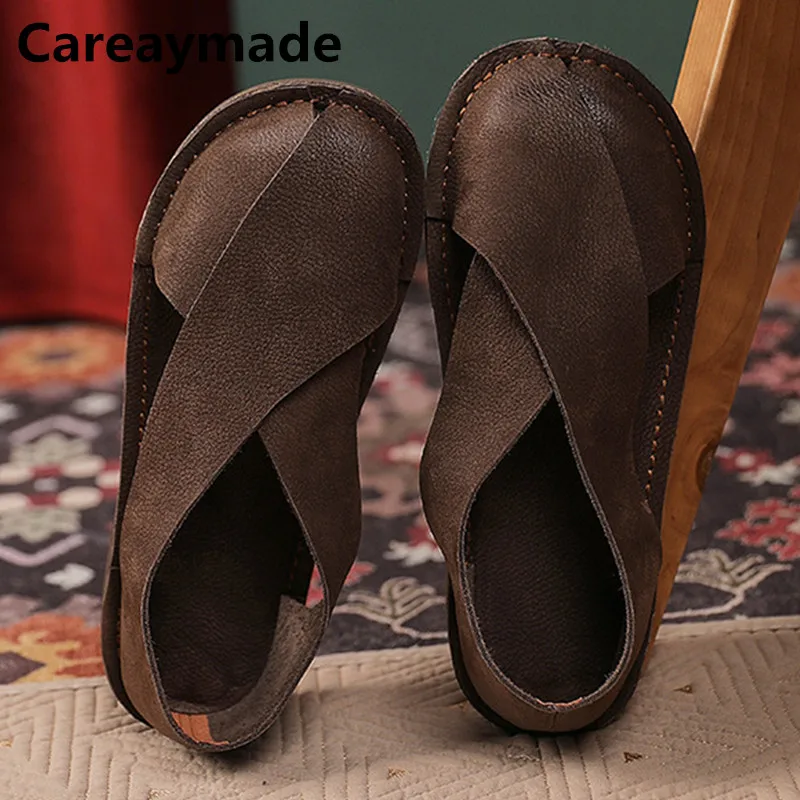 Careaymade-Genuine leather retro women\'s sandals anti-skid TPR sole soft flat sole sandals hand-made big size men sandals 35-44