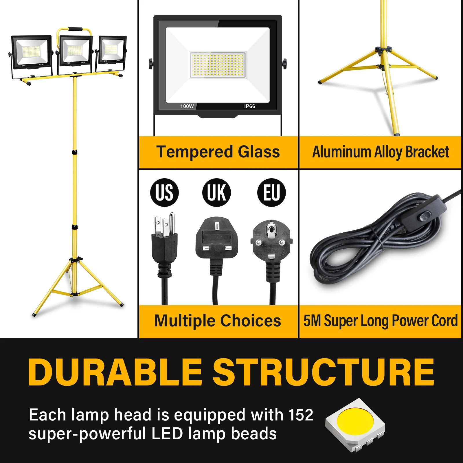 Imagem -05 - Skyworld-led Luz de Inundação com Suporte Telescópico Ajustável do Tripé do Metal Luz do Trabalho Interno e Exterior Ip66 3x100w 5000k 4