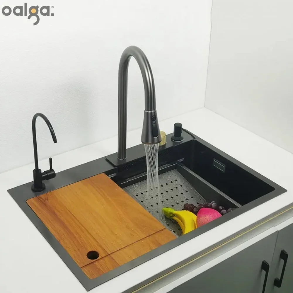 Gun Grey Kichen Sink Waterfall Faucet Nano Sink 304 Stainless Steel DarkGray Topmount Single Bowl Wash Basin with Chopping Board