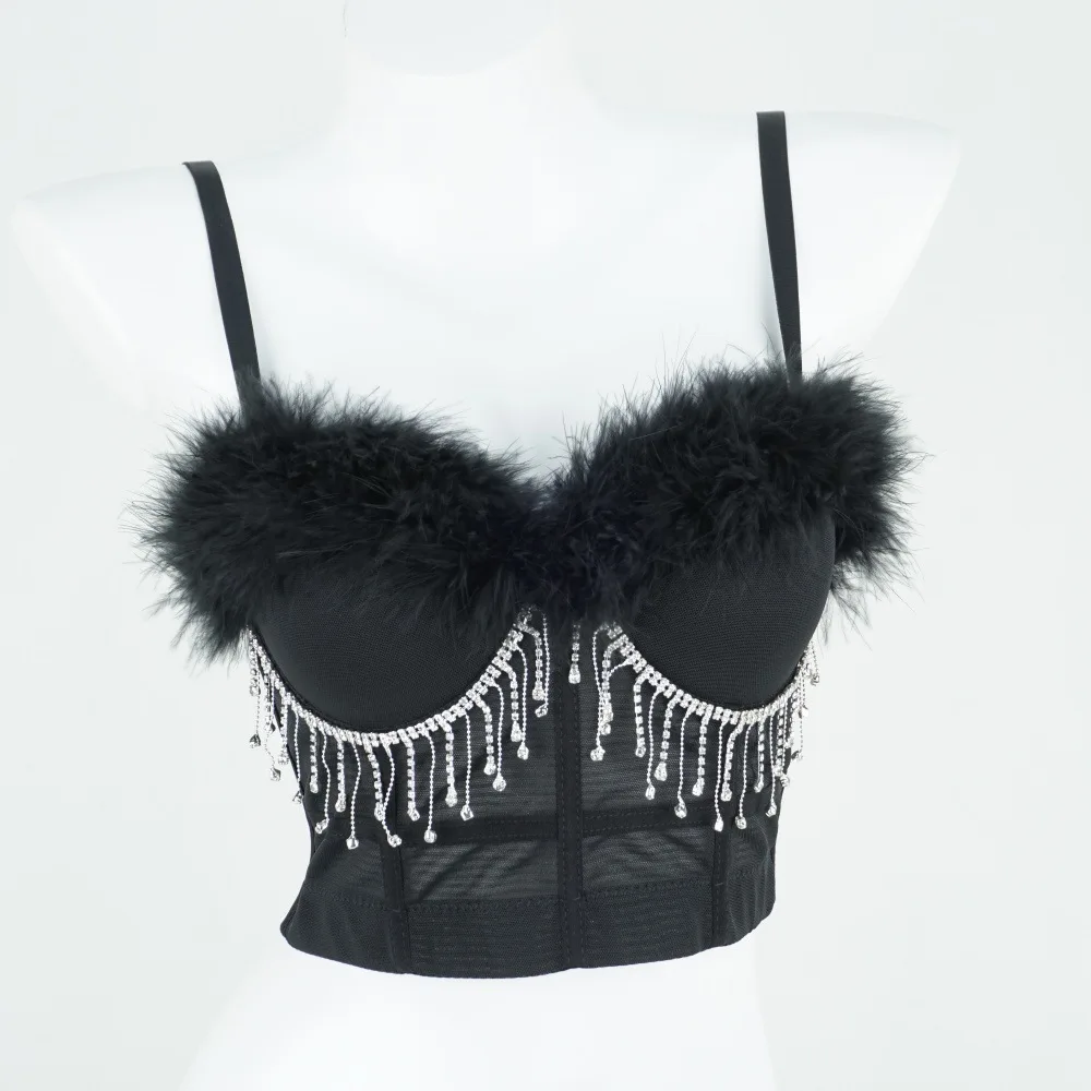 

Feather Tassel Beaded Camisole Blouse Female Sexy Fishbone Shaping Corset Stage Performance Nightclub Robes