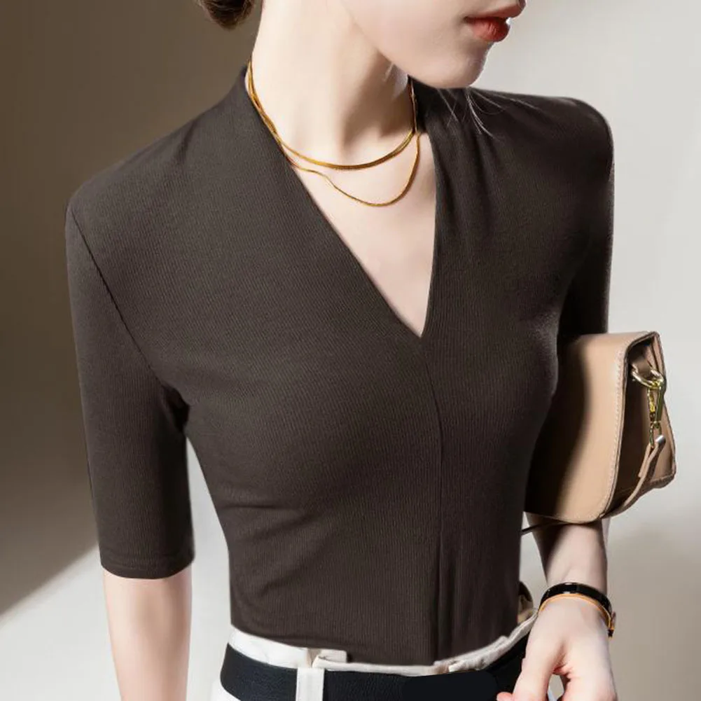 Camiseta feminina casual com decote em v 95 poliéster 5 elastano manga média cor sólida cabida silhueta confortável pulôver feminino topo