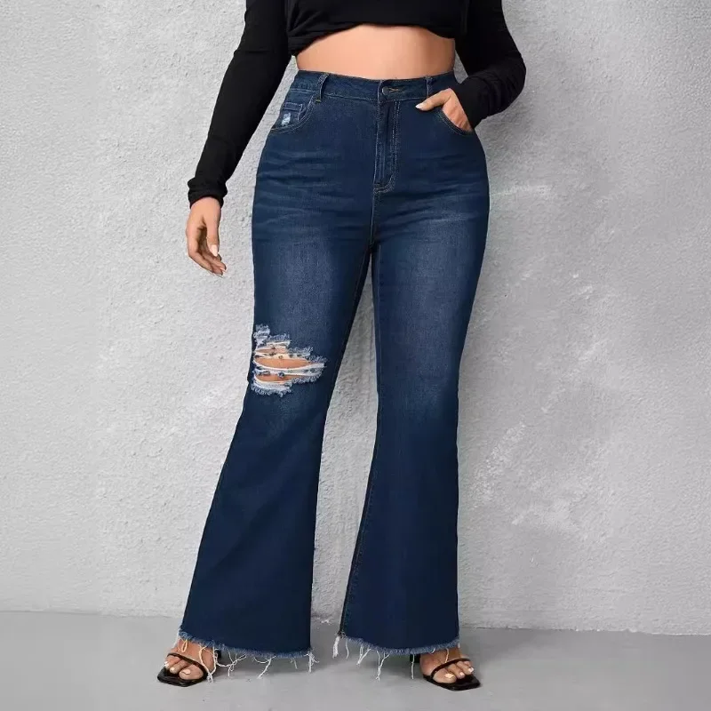 Large Women's Zipper Jeans in Dark Blue with Holes and Thick Edges, Comfortable, Casual, Fashionable and Spacious Women's Jeans