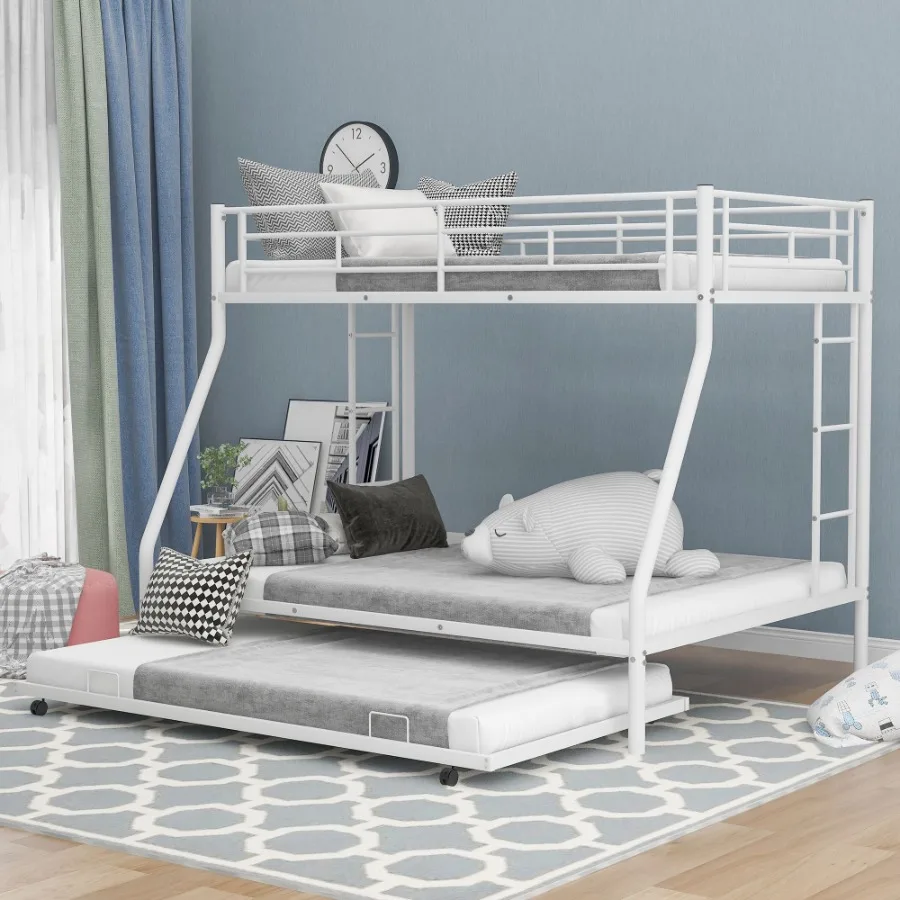 Twin over Full Bed with Sturdy Steel Frame Bunk Bed with Twin Size Trundle Two-Side Ladders White OLD SKU:MF194424AAK