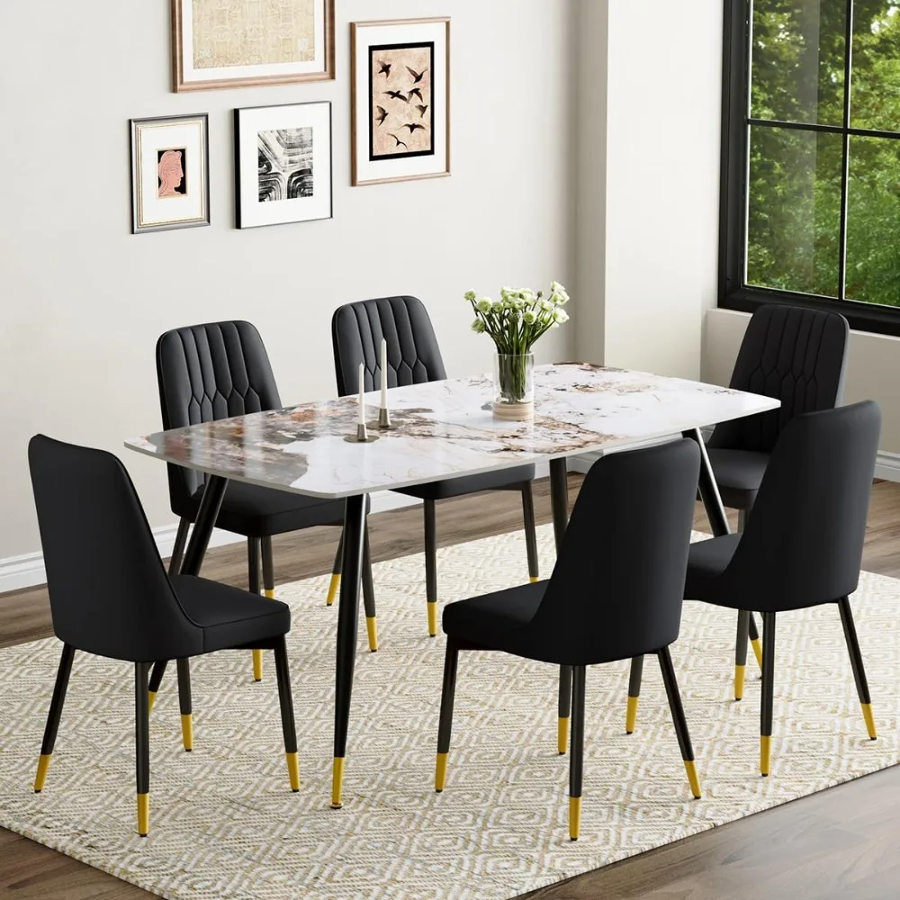 

7 Piece Dining Table Set, Dinner Table Set for 6, Sintered Stone Kitchen Table Top and Modern Chairs Set of 6 for Kitchen Dining