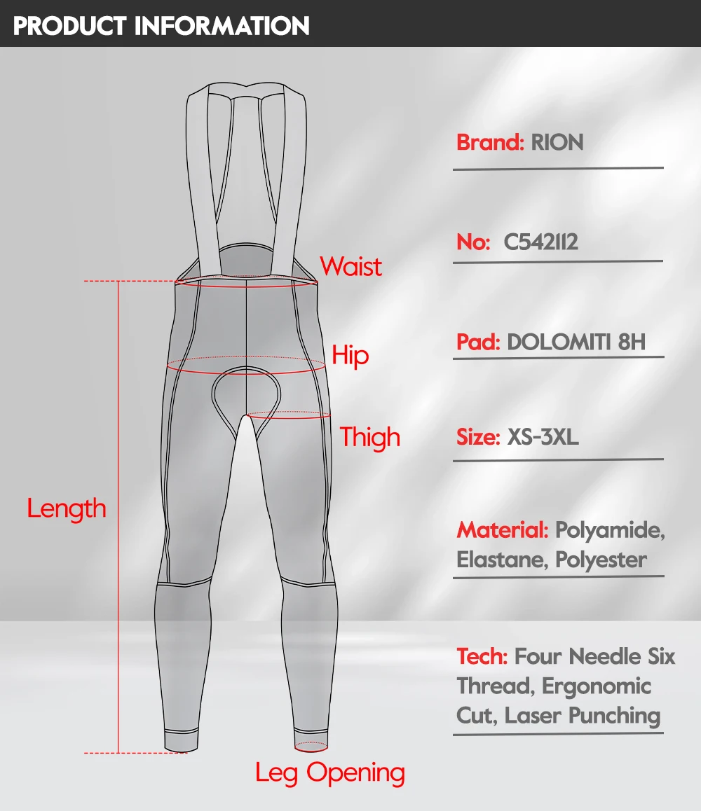 RION Herren Radsport-Trägerhose Fahrradhose MTB-Tights Rennrad-Trägerhose Winddicht Italienische Dolomiti-Polster Herbstbekleidung 6 8H – Detail 2