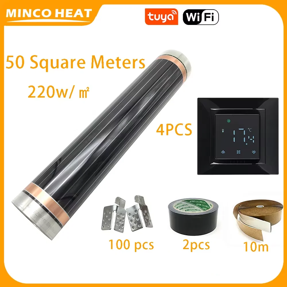 Minco Heat Infrared Energy Saving Underfloor Warming Heating Mat 50㎡ 220w/m2 Heating Film Kits with Floor Heating Thermostat