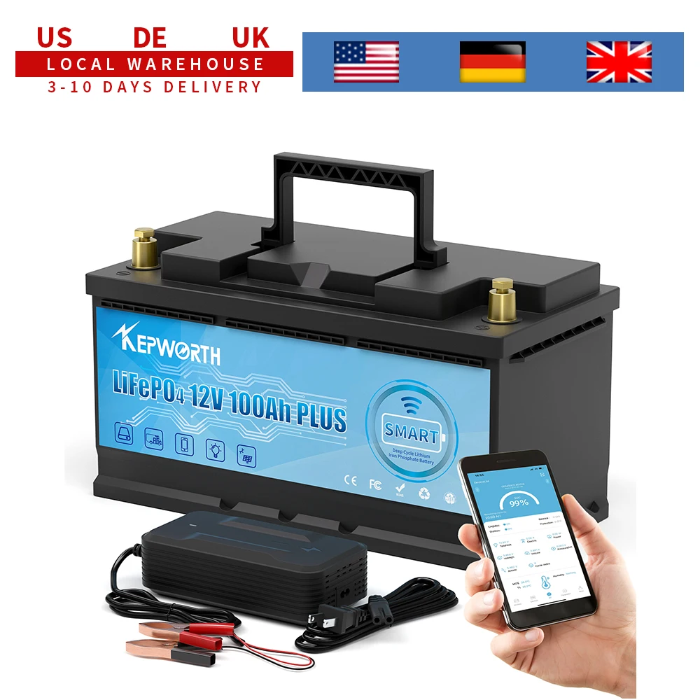 KEPWORTH 12V 100Ah LiFePO4-Akku, integriertes 100A-Bluetooth-BMS, perfekter Ersatz für Blei-Säure-Akkus für Wohnwagen