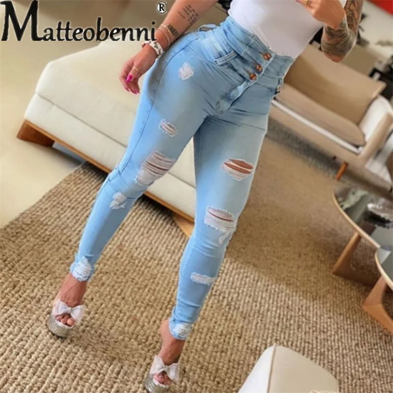 

Autumn New Broken Holes High Waist Jeans Women Fashion Casual Denim Trousers Female Button Splicing Slim Fit Skinny Pencil Pants