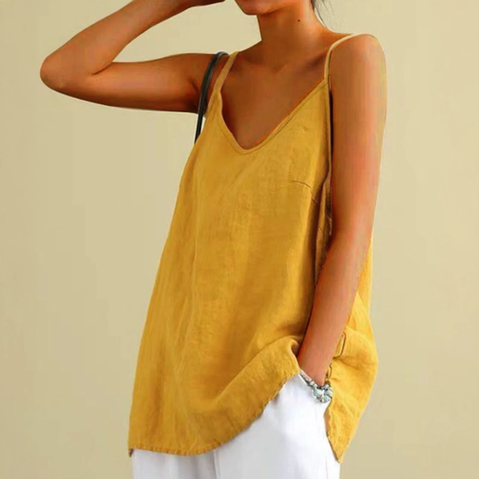 New Women Fashion Summer Casual O Neck Solid Color Cotton Linen Sleeveless Tops Basic Blouse Women For Daily Life