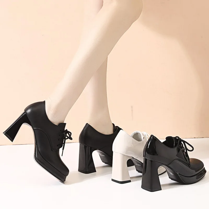 2024 New Square Head Lace-up Waterproof Platform High Heels Deep Mouth Single Shoes Women Thick Heels Thick Sole Women's Shoes