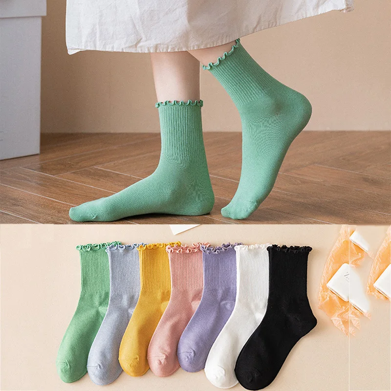 5 Pairs Women Cotton Ruffle Frilly Socks Black White Cute Autumn Winter Fashion Socks Solid color Soft Happy Girl Socks