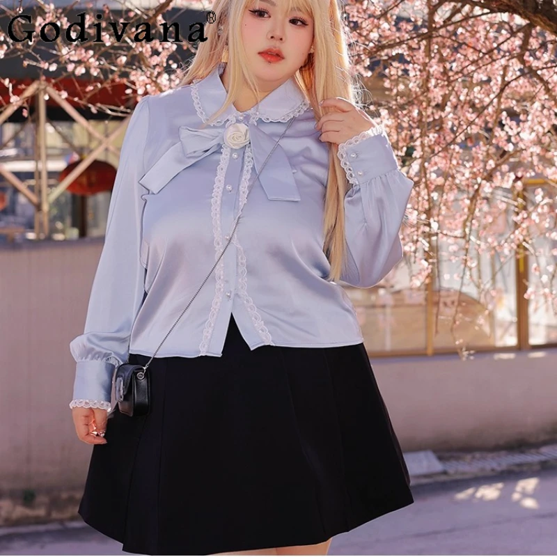 

Large Size Women French Spring Sweet Bow Elegant Lace Long Sleeve Shirt Satin Temperament High Waist A-line Age-reducing Skirt