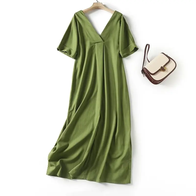 Maxdutti Moroccan Bohemia Dress Women Retro Linen V-Neck Loose Summer Grass Green Holiday Fashion Midi Dress Female