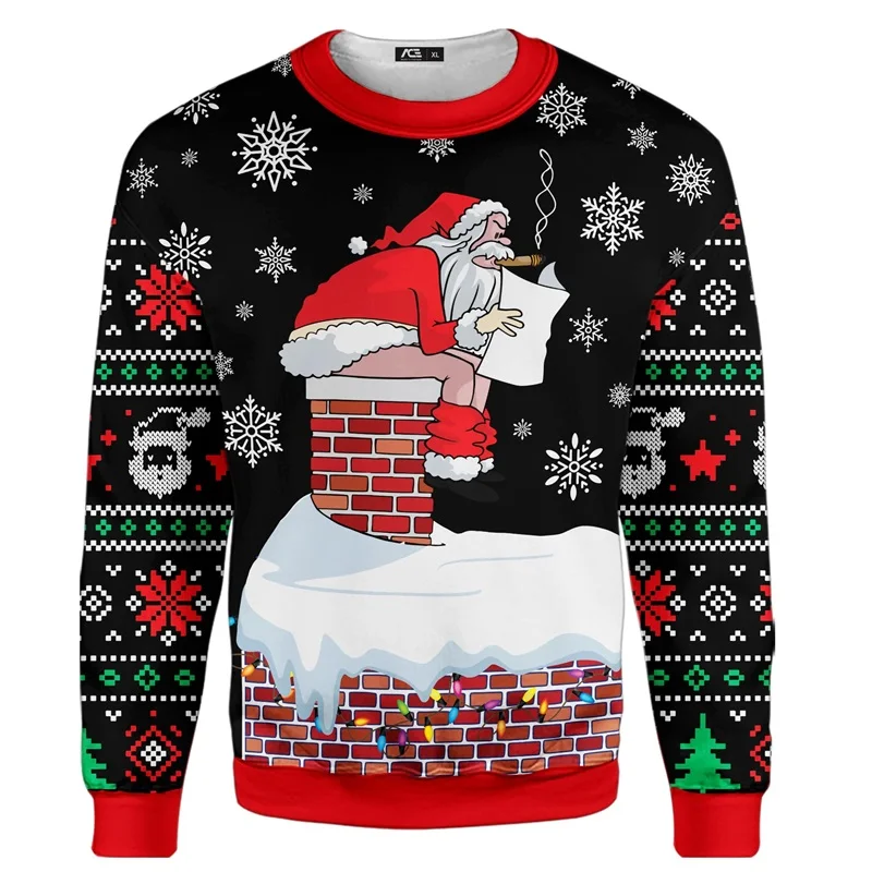 Full Print Funny Ugly Santa Claus Christmas Sweatshirts For Men Women Long Sleeve Crewneck Pullover Jumper Sweatshirt Hoodie