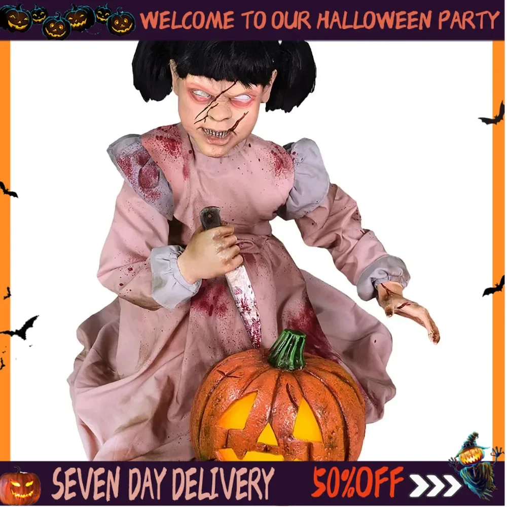 

Halloween Decoration Pumpkin Carver Zombie Girl By Motion-Activated Talking Scare Prop Animatronic for Indoor or Covered Outdoor