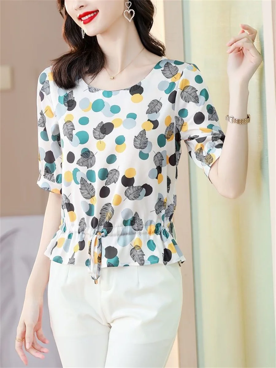 Woman Summer Style Blouses Shirts Lady Casual Short Sleeve O-Neck Polka Dot Printed Blusas Tops DF4585