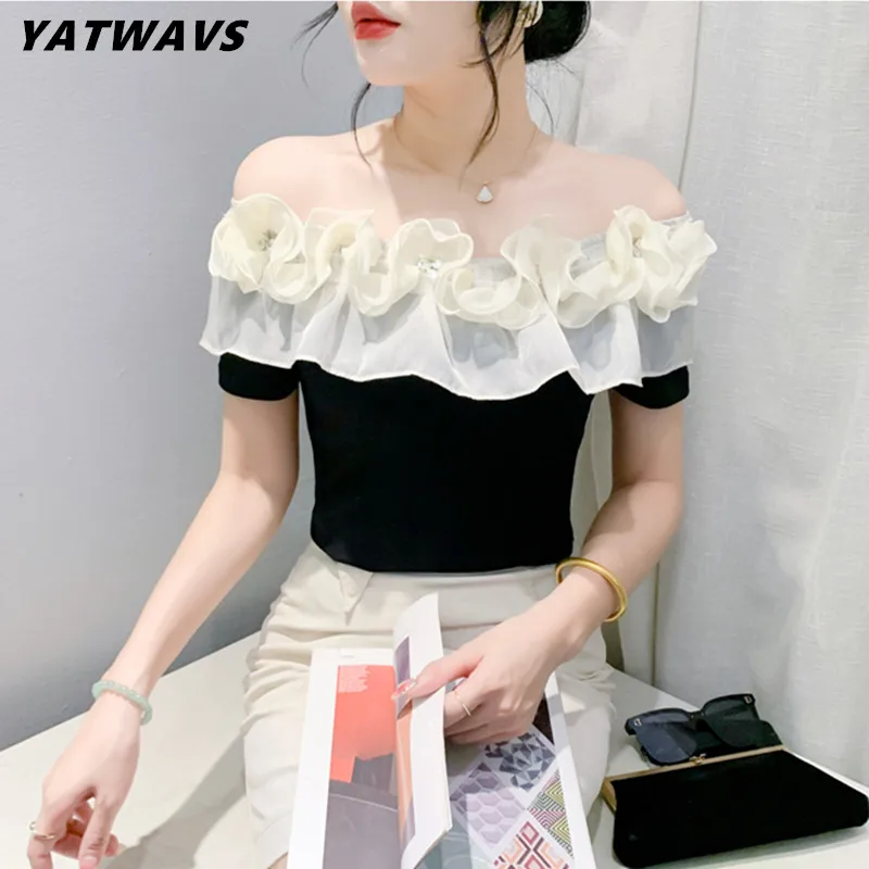 

Summer Short Sleeve Women Clothes T-Shirt Sexy Off Shoulder Ruffle Diamonds Cotton Tops New European Female All Match Slim Tees