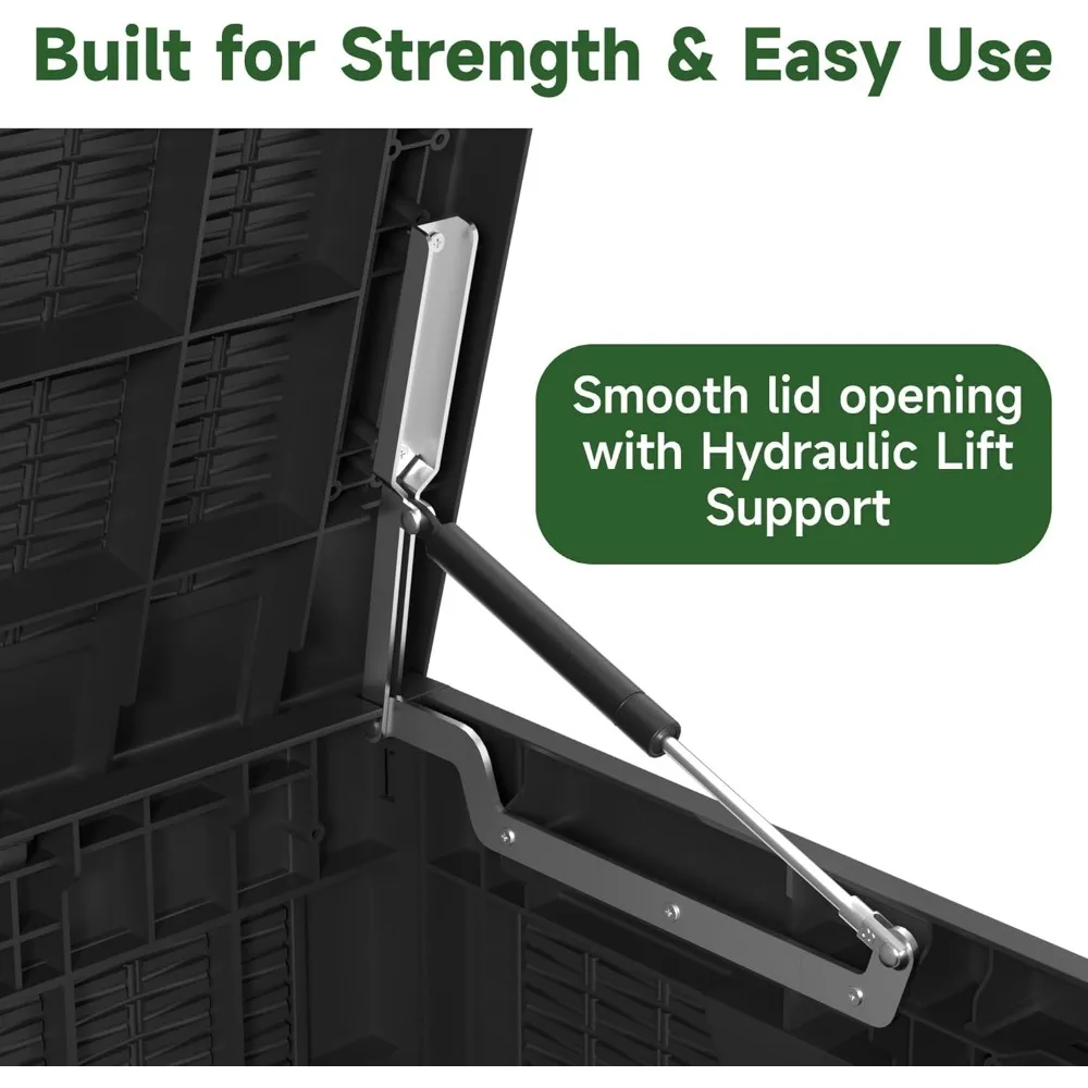 Caja de almacenamiento para exteriores de 120 galones, resistente al agua, resistente a los rayos UV, con varilla hidráulica, estabilidad reforzada para Patio