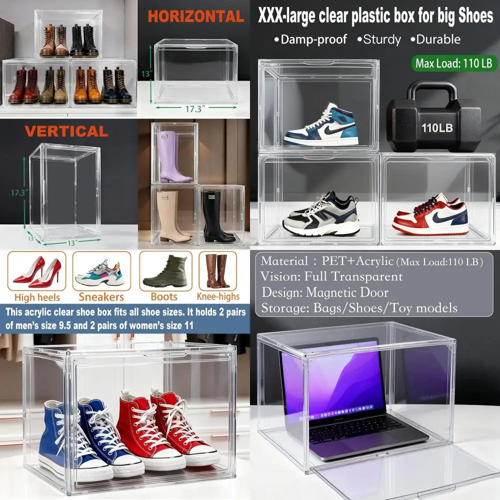 

3-Pack Acrylic Tall Boot Organizers with Magnetic Lids, Clear Shoe Display Cases, Stackable Helmet Storage, and 2 Shoe Bags