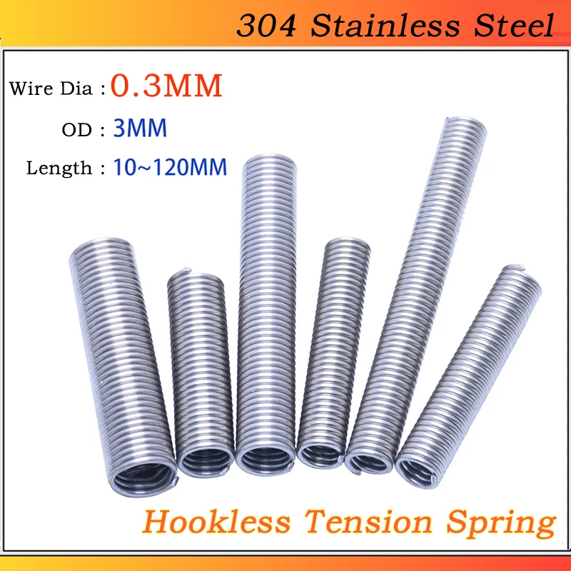 

10~1000pcs Wire Dia 0.3MM OD 3MM L: 10~120MM 304 Stainless Steel Hookless Tension Spring Pullback Extension Expansion Spring