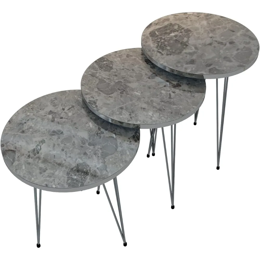 مجموعة من 3 طاولات جانبية متداخلة بأرجل فضية من الرخام الرمادي اللامع، طاولات جانبية للقهوة قابلة للتكديس من الخشب المستدير مع معدن #5