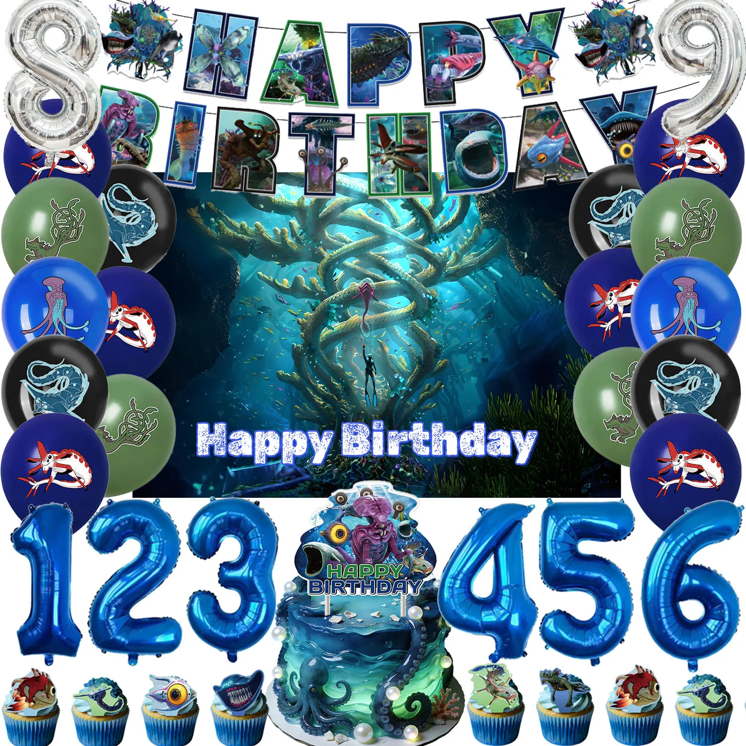 S-Subnautica Themen-Geburtstagsparty-Dekorationen: Wunderschöner Unterwasserwelt-Meeremonster-Kuchenaufsatz, Ballonbanner, Fotohintergrund – Detail 1