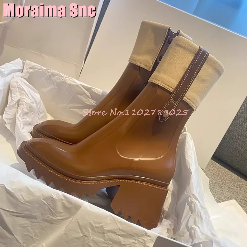 Mixed Colors Square Toe Ankle Boots Block Chunky Heel Metal Button Side Zipper Sexy Fashion Women Autumn Winter Boots Brown 2023